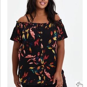 Torrid Smocked Cold-Shoulder Blouse Gauze Leaf Black NWT
